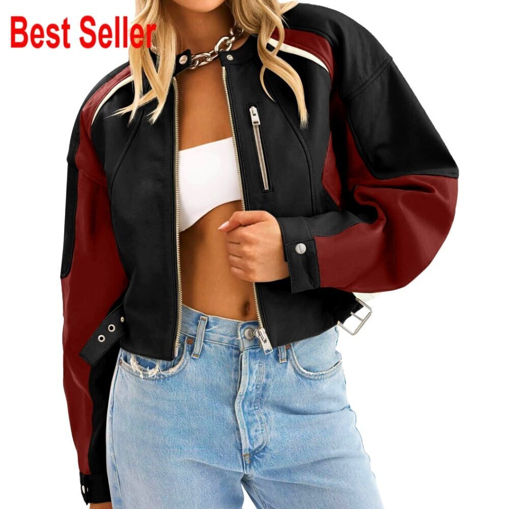 Faux Leather Bomber Jacket Cropped Zip Up Color Block Moto Biker Coat